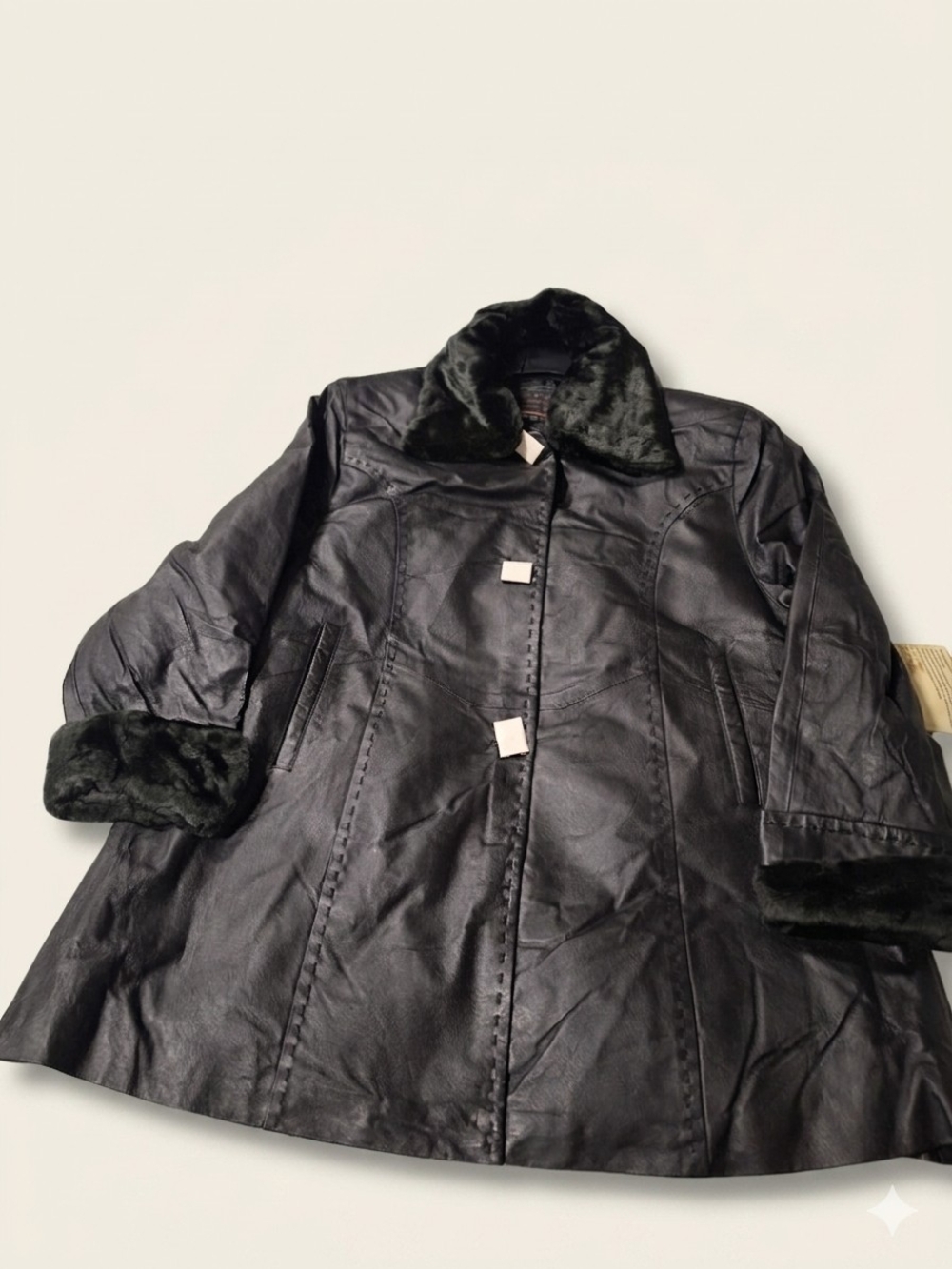 Black Faux Fur Trim Leather Coat - Women's